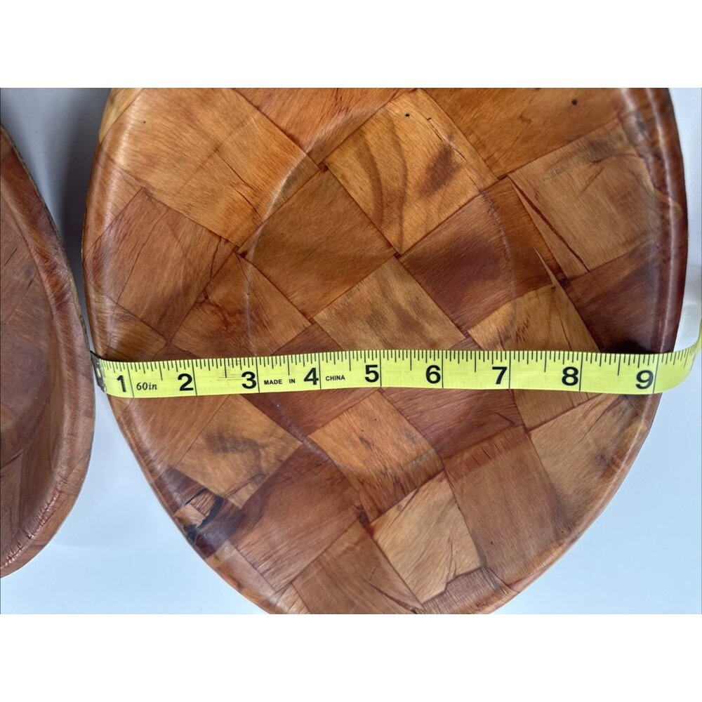 Vintage Parquet Weave Wood Oval Serving Bowls 12" Lot of 2 Woven Mid Century MCM - Picture 4 of 9